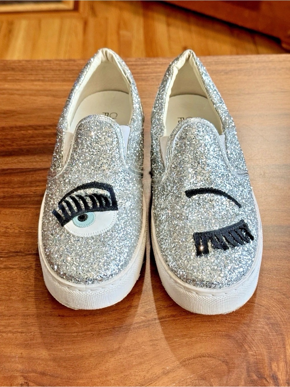 Chiara Ferragni Silver Glitter Slip-On Sneakers with Eye Motif